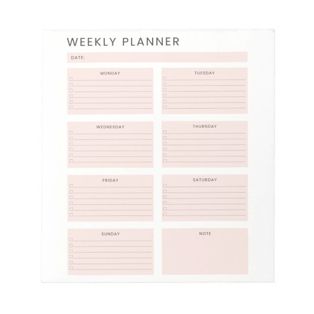Rosa White Weekekly Planer Organisation To do List Notizblock (Vorderseite)