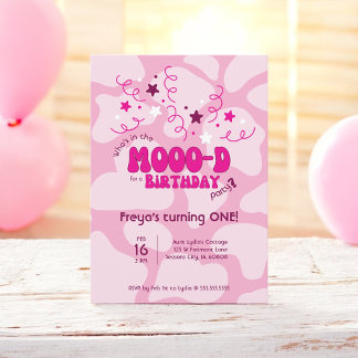 Rosa 'Who's in the MOOO-D' Kuh-Druck 1. Geburtstag Einladung