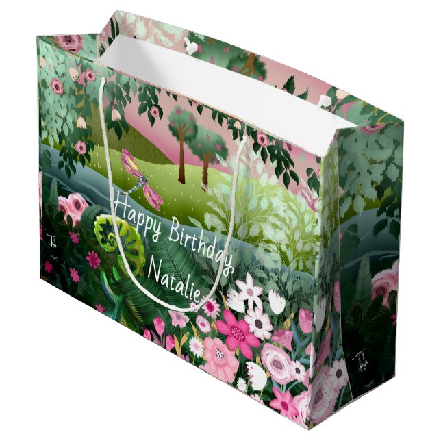 Rosa Wiese mit handgemalt Dragonfly Große Geschenktüte (Rückseite Schrägansicht)