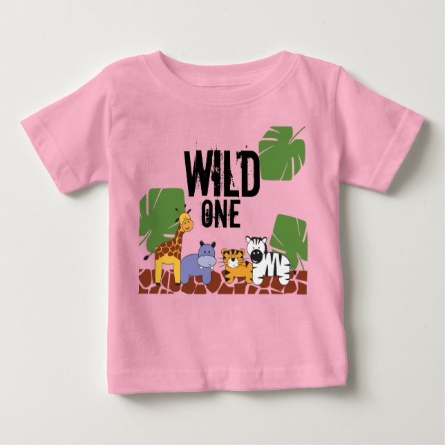 Rosa "WILD ONE" Safari Dschungel Thema Erster Gebu Baby T-shirt (Vorderseite)