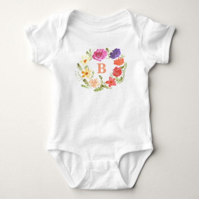 Rosa Wildblume Baby Girl Initial Monogram Baby Strampler (Vorderseite)