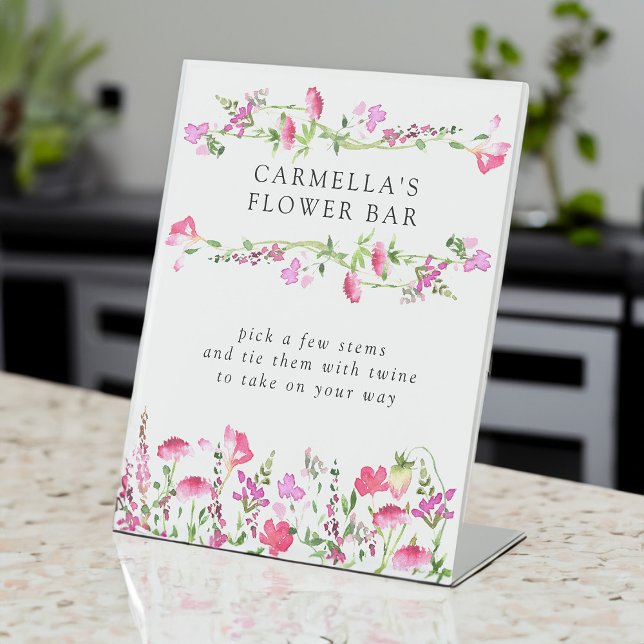 Rosa Wildblume bearbeitbare Blume Bar Tablette Sockelschild (Flower Bar tabletop sign from my Pink Wildflower Bridal Shower collection)
