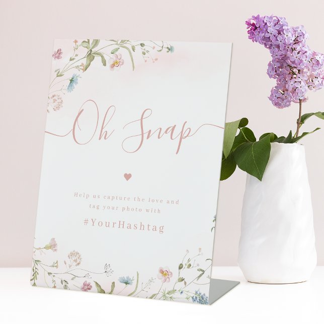 Rosa Wildblume Drehbuch rustikale Hochzeit Oh Snap Sockelschild (Pink Wildflower script rustic Wedding Oh Snap Pedestal Sign)