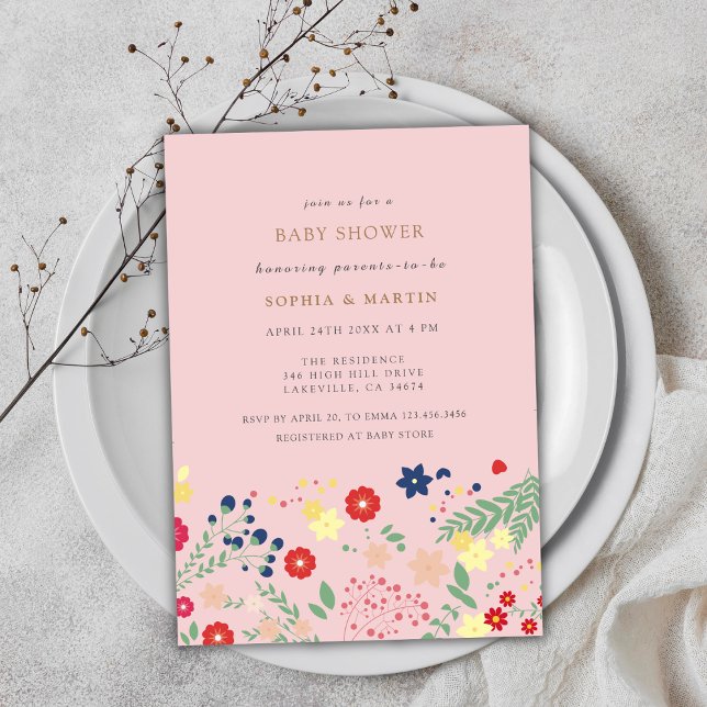 Rosa Wildblume Elegante Girl Babydusche Einladung (Pink Colorful Elegant Wildflower Girl Baby Shower Invitation)