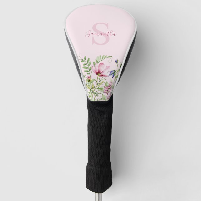 Rosa Wildblume Floral Meadow Monogramm Golf Headcover (Vorderseite)
