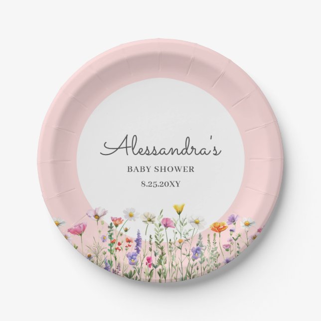 Rosa Wildblume Kinderdusche Pappteller (Vorderseite)