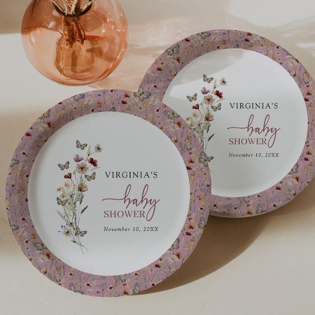 Rosa Wildblume Kinderdusche Pappteller (Dusty Pink Wildflower Baby Shower Paper Plates by Painted Paperie
)