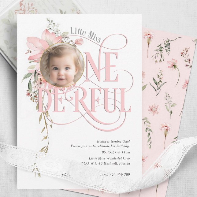 Rosa Wildblume Miss Onederful Girl 1. Geburtstag Einladung (Wild flower themed little miss onederland, baby girl 1st birthday invite.)