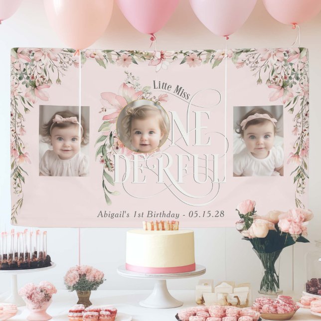 Rosa Wildblume Miss Onederly 1. Foto Hintergrund Banner (Pink Wildflower style, Little Miss Onederful, baby girl 1st birthday backdrop with photos.)