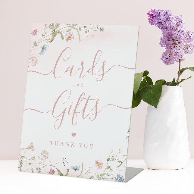 Rosa Wildblume rustikale Hochzeitskarten und Gesch Sockelschild (Pink Wildflower rustic Wedding Cards And Gifts Pedestal Sign)