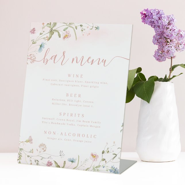 Rosa Wildblume Skript rustikale Bar Menu Sockelschild (Pink Wildflower script rustic Bar Menu Pedestal Sign)