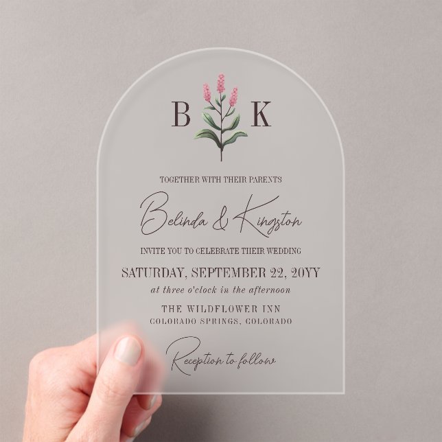 Rosa Wildblume Sprig Monogram Wedding Acryleinladungen (Insitu (Handheld))