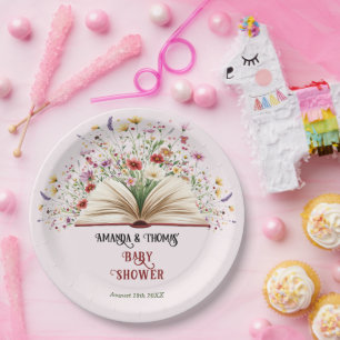 Rosa Wildblume Storybook Blue Baby Dusche Pappteller