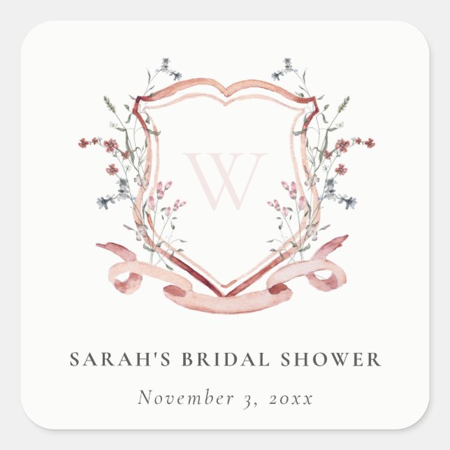 Rosa Wildblume Wappen Brautparty Quadratischer Aufkleber (Vorderseite)