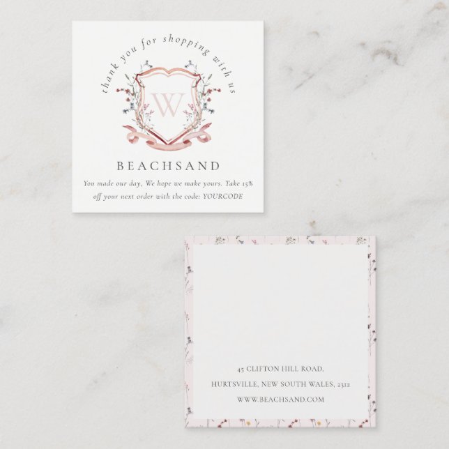 Rosa Wildblume Wappen Vielen Dank für Ihr Business Quadratische Visitenkarte (Vorne/Hinten)