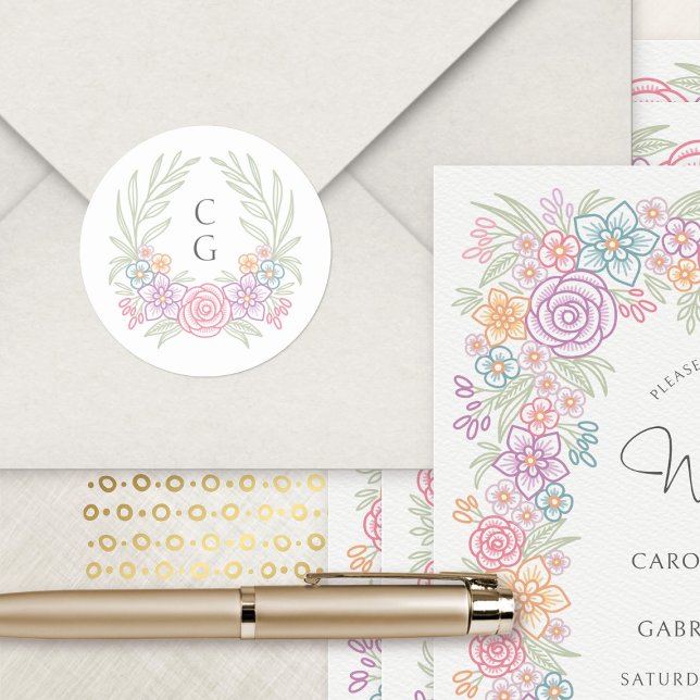 Rosa Wildblume Wappen Wreath Wedding Runder Aufkleber (Von Creator hochgeladen)