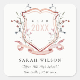 Rosa Wildblume Wasserfarbe Wappen Abschluss Quadratischer Aufkleber