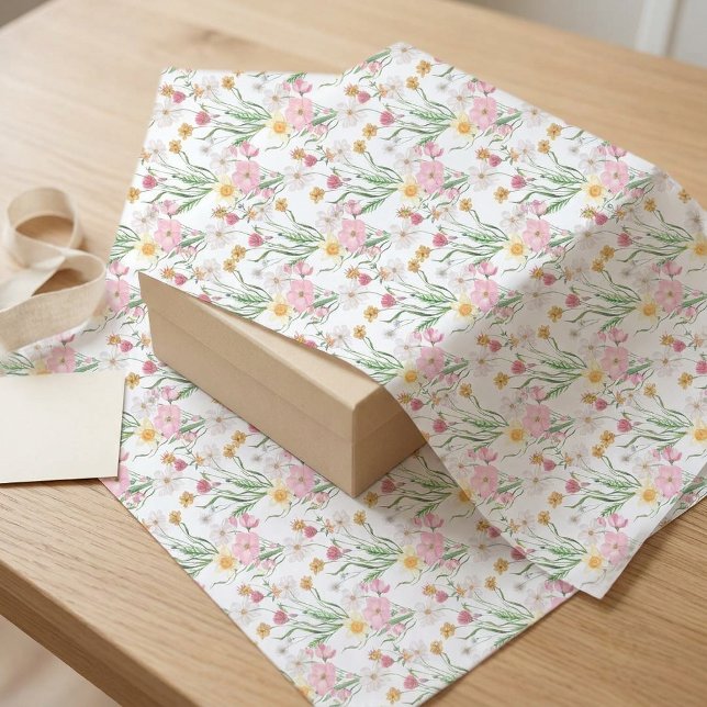Rosa Wildblumen-Aquarell Seidenpapier (Pink and Green Wildflower Pattern Tissue Gift Wrapping Paper)