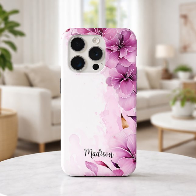 Rosa Wildblumen Aquarellfarbe mit Name Case-Mate iPhone Hülle (Von Creator hochgeladen)
