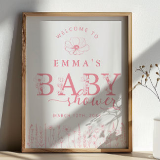 Rosa Wildblumen-Baby-Shower-Willkommensschild Poster