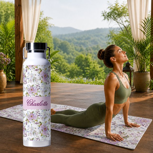 Rosa Wildblumen-Blumen Chic Monogramm-Stil Trinkflasche (Pink Wildflower Floral Chic Monogram Style Water Bottle)