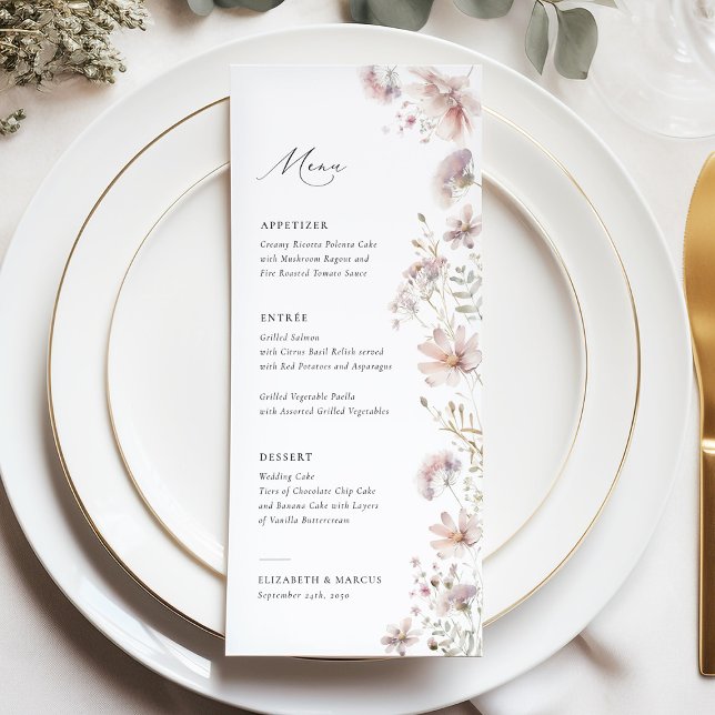 Rosa Wildblumen Boho Hochzeitsmenü Menükarte (Blush wildflower boho wedding menu with soft floral design, elegant typography, romantic table style)