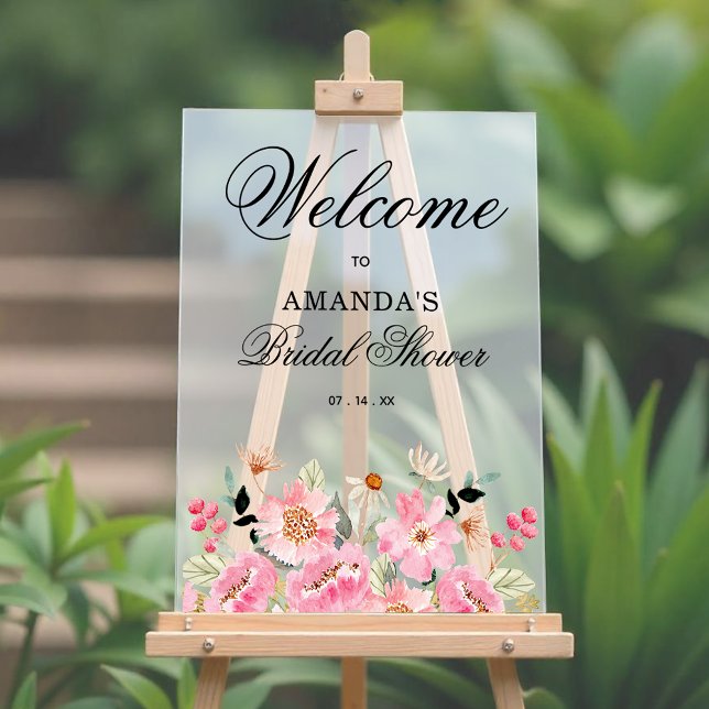 Rosa Wildblumen Brautparty Willkommen Acrylschild (Pink garden floral bridal shower welcome acrylic sign)