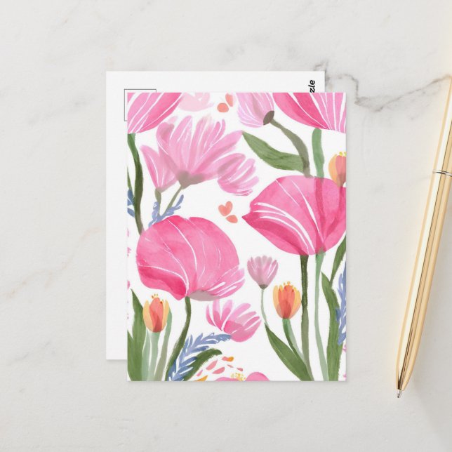 Rosa Wildblumen | Floral Postkarte (Vorderseite/Rückseite Beispiel)