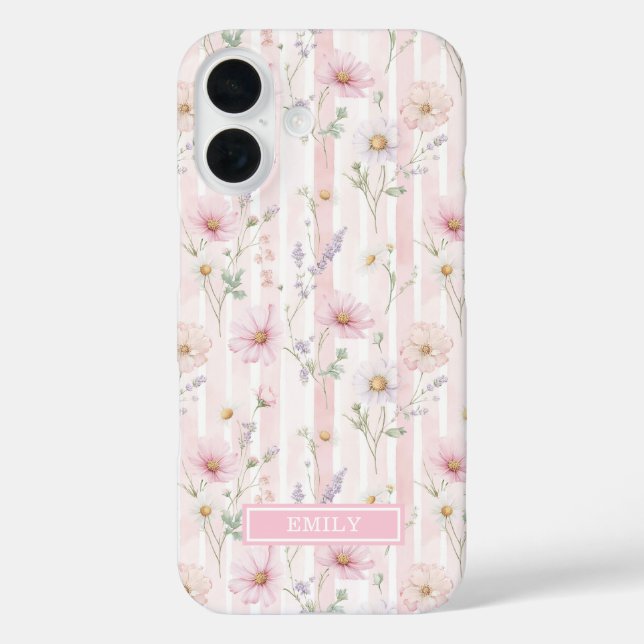 Rosa Wildblumen gestreifte Monogrammierte Case-Mate iPhone Hülle (Rückseite)