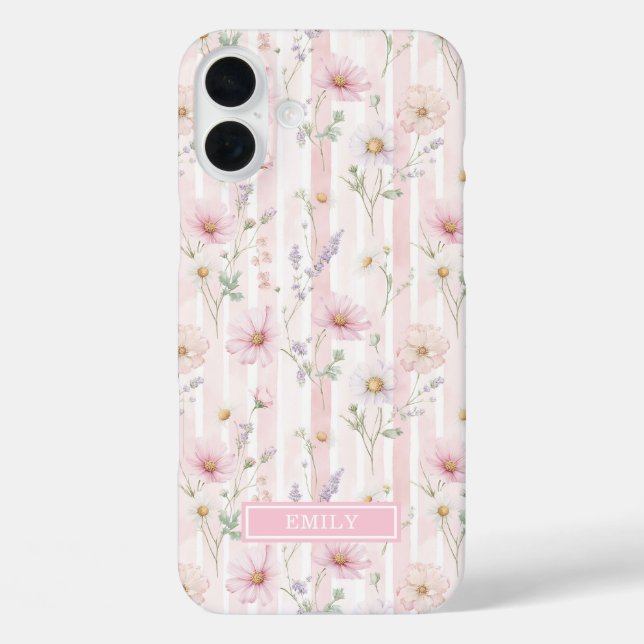 Rosa Wildblumen gestreifte Monogrammierte Case-Mate iPhone Hülle (Rückseite)