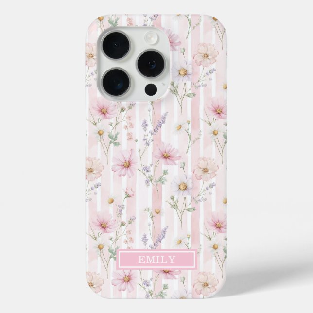 Rosa Wildblumen-Gestreiftes Monogramm Case-Mate iPhone Hülle (Rückseite)