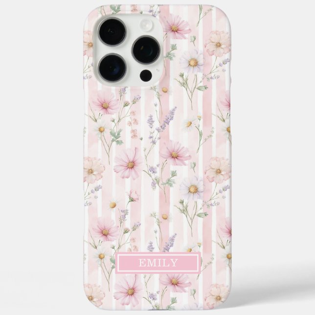 Rosa Wildblumen-Gestreiftes Monogramm Case-Mate iPhone Hülle (Rückseite)