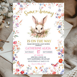 Rosa Wildblumen-Hasen-Baby-Party Einladung