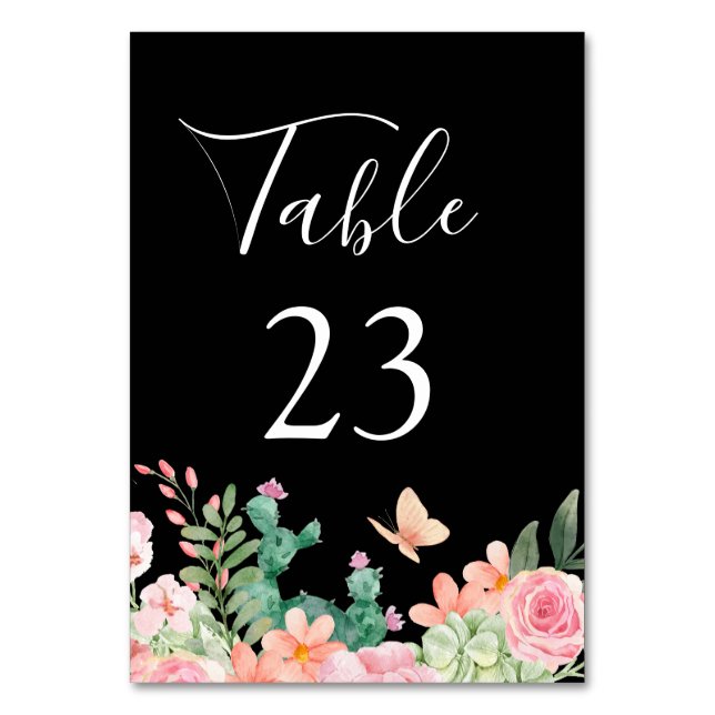 Rosa Wildblumen Hochzeit mit schwarzem Aquarell Tischnummer (Vorderseite)