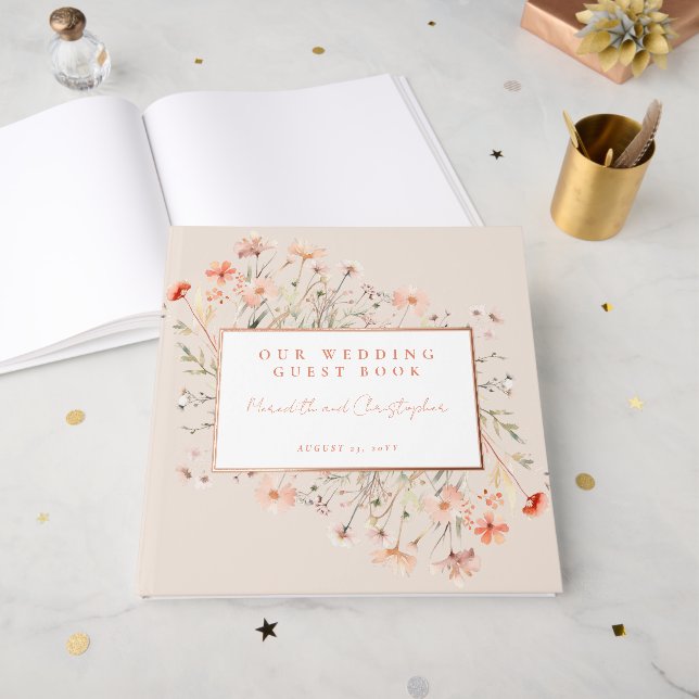 Rosa Wildblumen Hochzeit Rose Gold Gästebuch (Vorderseite Offen)