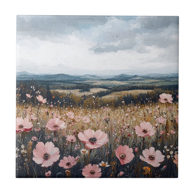 Rosa Wildblumen Landschaft Fliese (Vorderseite)