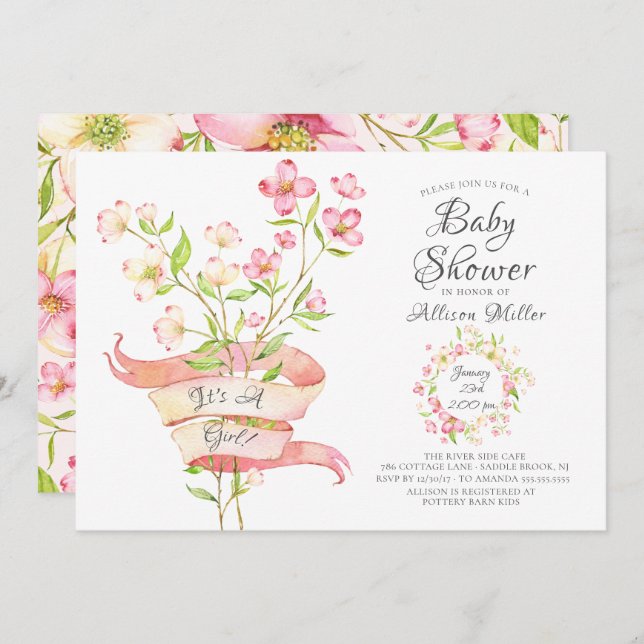 Rosa Wildblumen Mädchen Kinderdusche Einladungen (Vorne/Hinten)