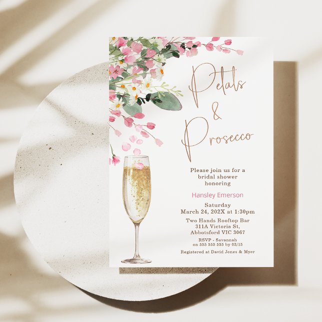 Rosa Wildblumen Petal Prosecco Brautparty Einladung (Pink Floral Wildflowers Petal and Prosecco Bridal Shower Invitation. Wedding Shower Wildflower)
