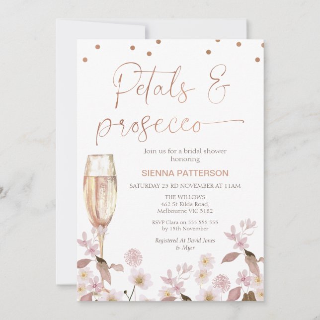 Rosa Wildblumen Petals und Prosecco-Brautparty Einladung (Vorderseite)