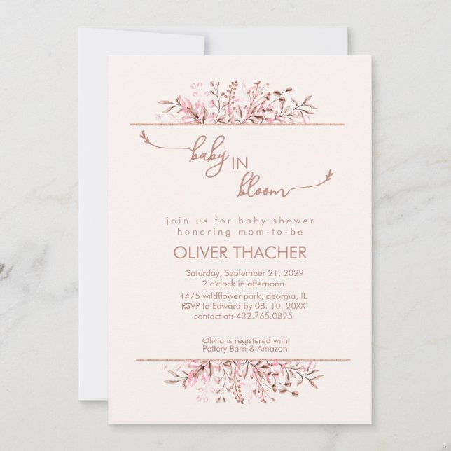 Rosa Wildblumen-Rand Baby in Blüte Baby Shower Einladung (Vorderseite)