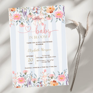 Rosa Wildblumen-Schleife Blaue Streifen Baby Showe Einladung