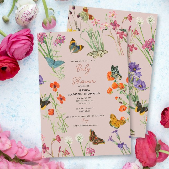 Rosa Wildblumen Schmetterlinge Kinderdusche Einladung (Pink Wildflowers Butterflies Baby Shower Invitation)