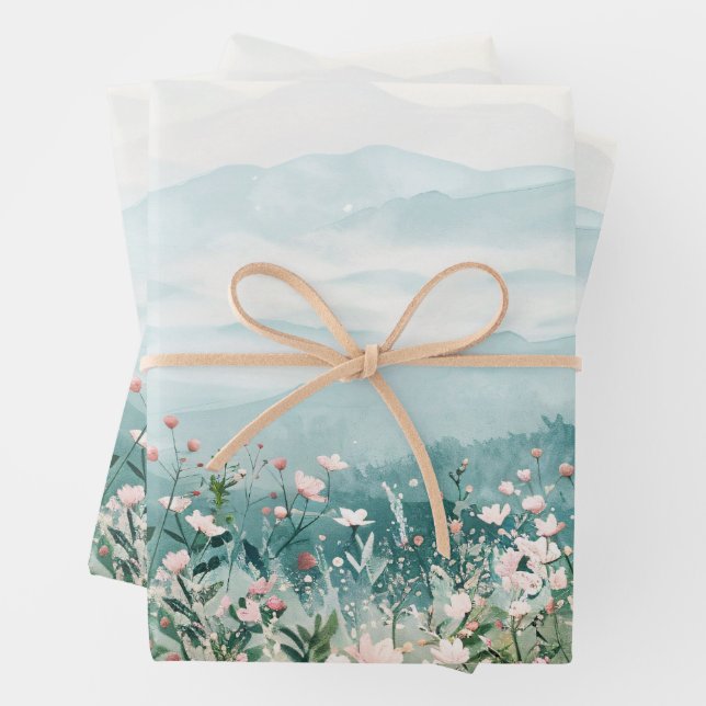 Rosa Wildblumen und Gebirge - Deko Geschenkpapier Set (Beispiel)