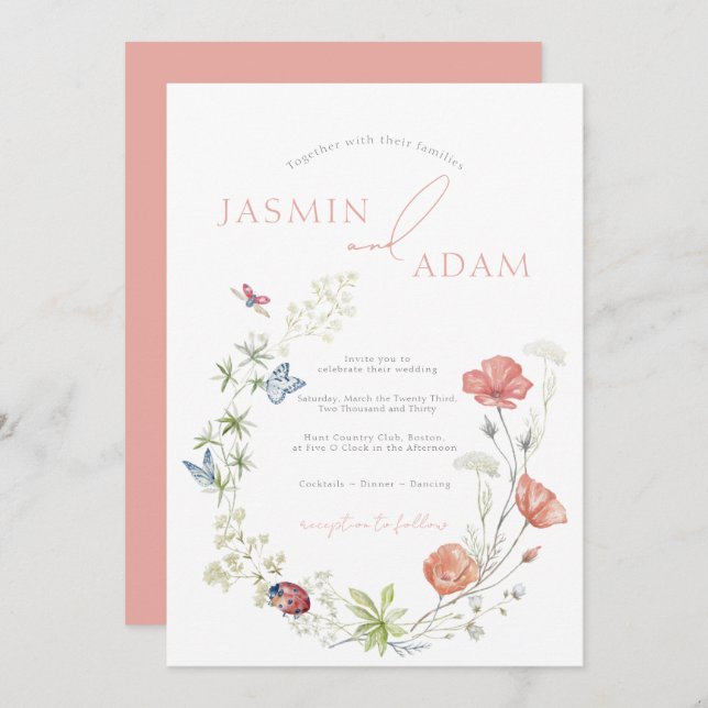 Rosa Wildblumen und Schmetterlinge Hochzeiten Einladung (Vorne/Hinten)