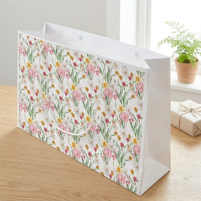 Rosa Wildblumen-Wasserfarbe Große Geschenktüte (Pink and Green Wildflower Pattern Gift Bag)