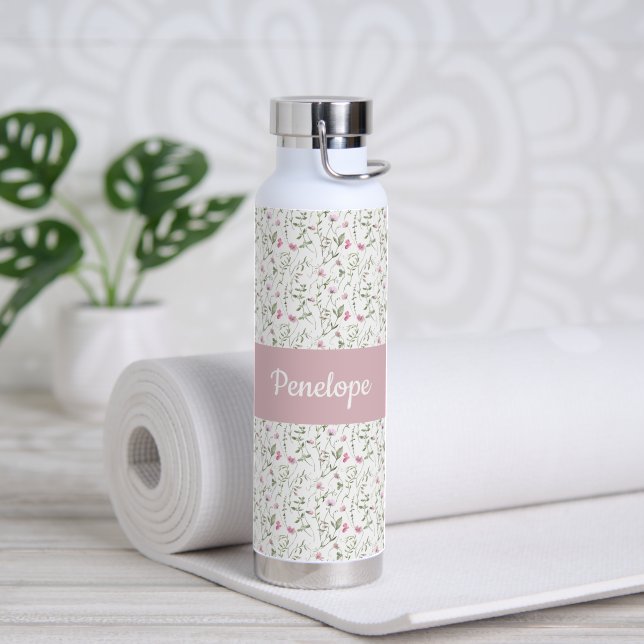 Rosa Wildblumen-Wasserfarbe-Monogramm-Name Trinkflasche (Yoga (gedreht))