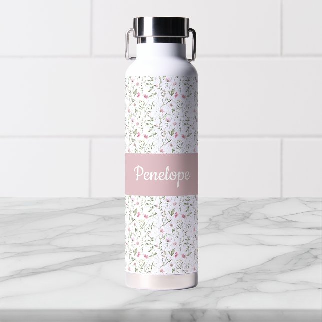 Rosa Wildblumen-Wasserfarbe-Monogramm-Name Trinkflasche (Von Creator hochgeladen)