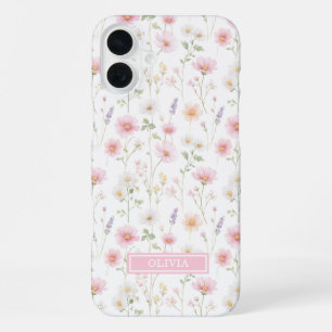 Rosa Wildblumen-Wasserfarben-Monogramm iPhone 16 Plus Hülle