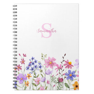 Rosa Wildblumen-Wasserfarben-Monogramm-Name Notizblock