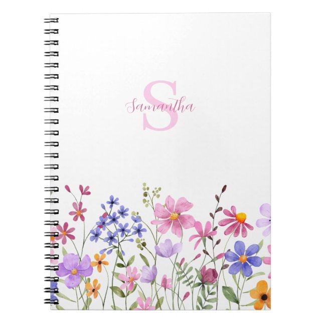 Rosa Wildblumen-Wasserfarben-Monogramm-Name Notizblock (Vorderseite)